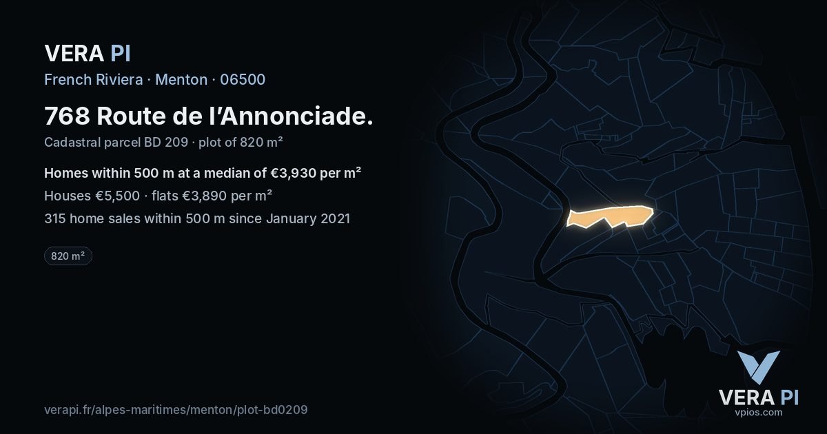 768 Route de l’Annonciade, Menton at night – the plot lit, the parcels around coloured by the prices near them