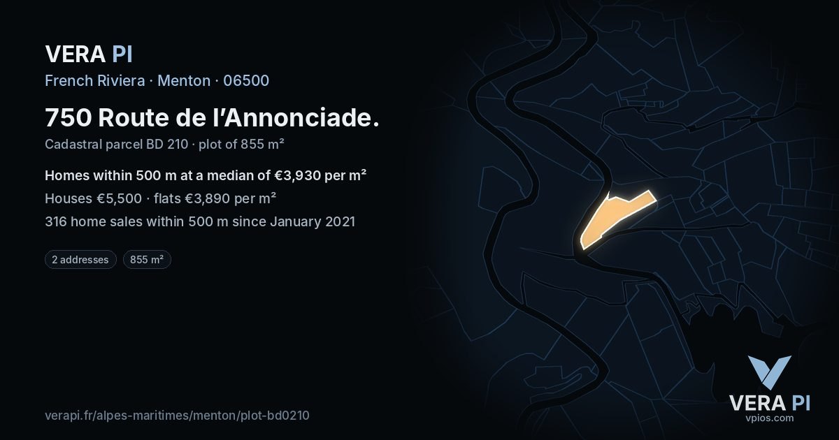 750 Route de l’Annonciade, Menton at night – the plot lit, the parcels around coloured by the prices near them