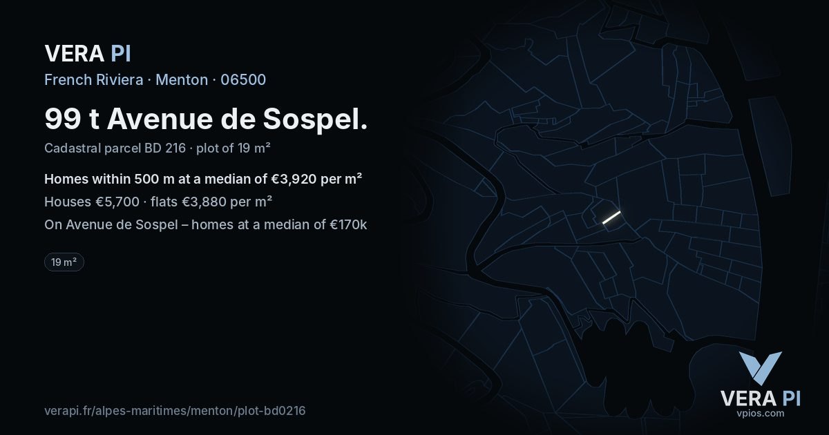 99 t Avenue de Sospel, Menton at night – the plot lit, the parcels around coloured by the prices near them