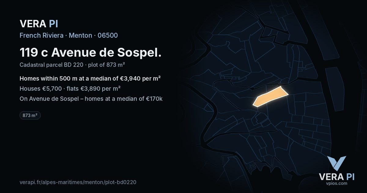 119 c Avenue de Sospel, Menton at night – the plot lit, the parcels around coloured by the prices near them