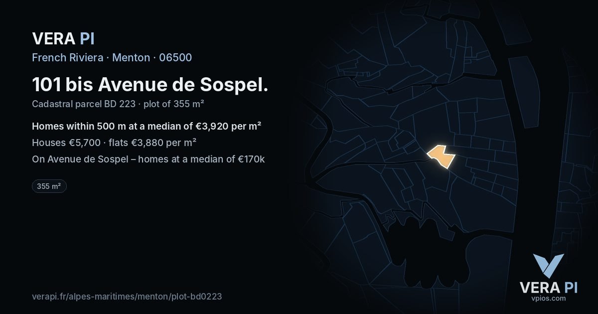 101 bis Avenue de Sospel, Menton at night – the plot lit, the parcels around coloured by the prices near them
