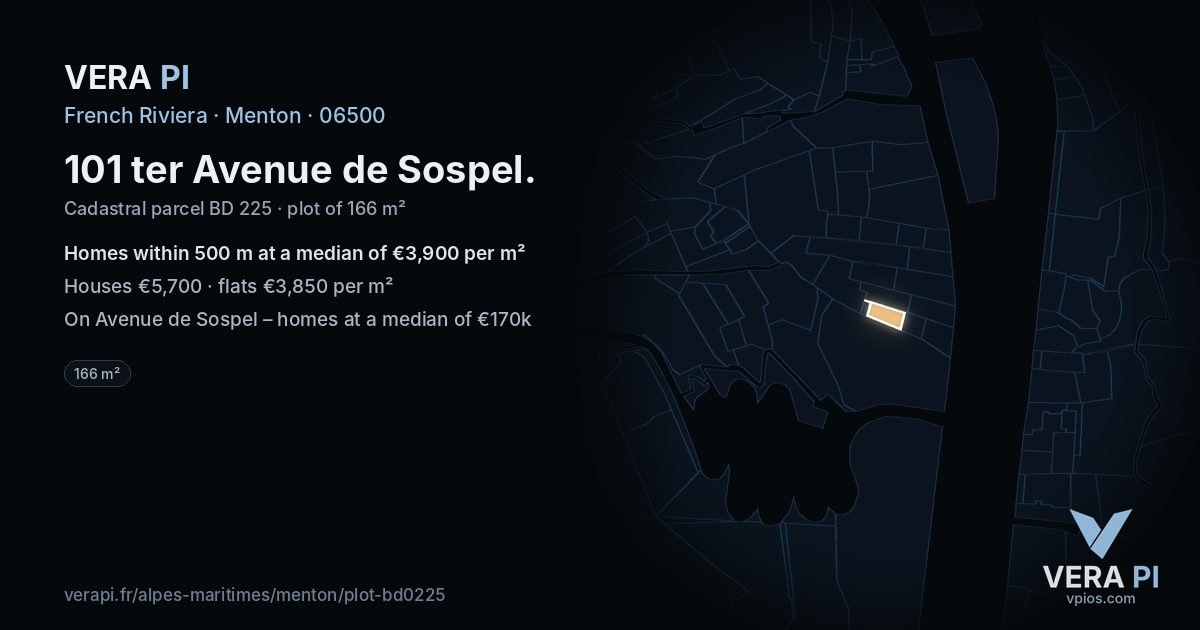 101 ter Avenue de Sospel, Menton at night – the plot lit, the parcels around coloured by the prices near them
