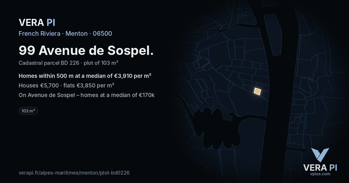 99 Avenue de Sospel, Menton at night – the plot lit, the parcels around coloured by the prices near them