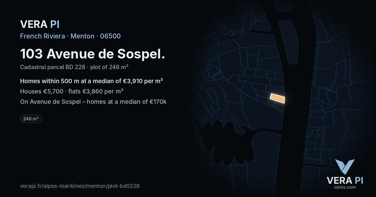 103 Avenue de Sospel, Menton at night – the plot lit, the parcels around coloured by the prices near them