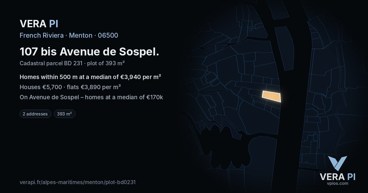 107 bis Avenue de Sospel, Menton at night – the plot lit, the parcels around coloured by the prices near them