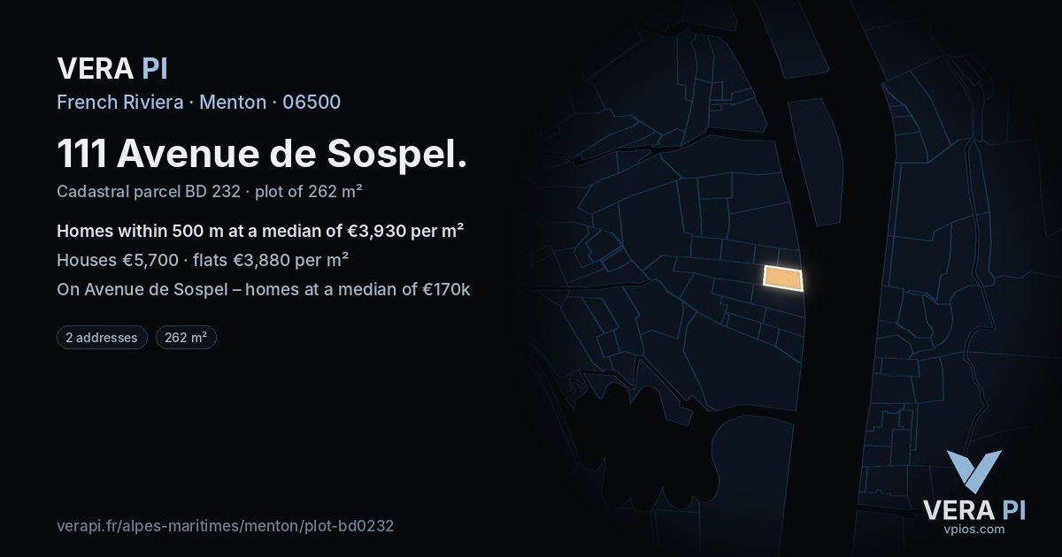 111 Avenue de Sospel, Menton at night – the plot lit, the parcels around coloured by the prices near them