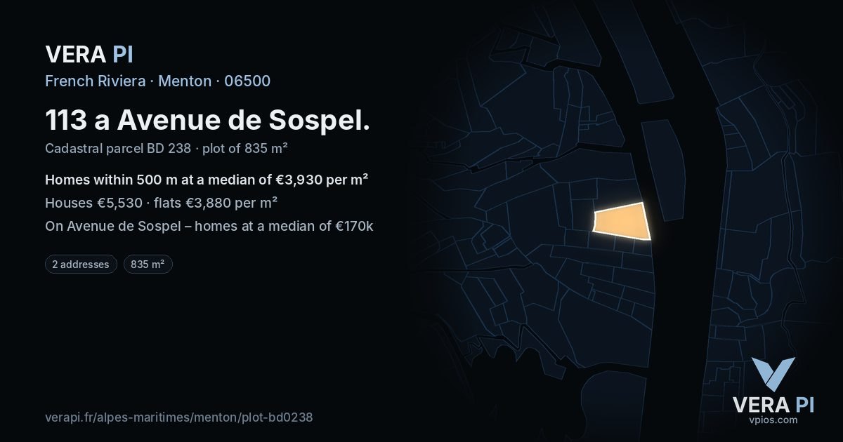 113 a Avenue de Sospel, Menton at night – the plot lit, the parcels around coloured by the prices near them