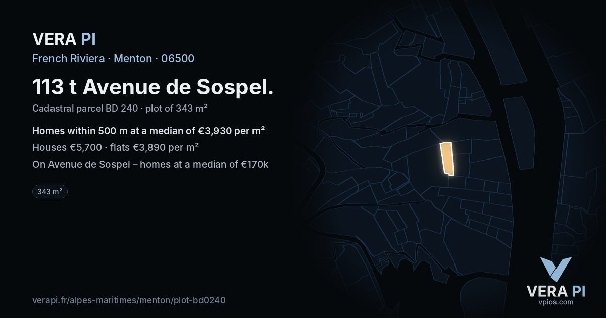 113 t Avenue de Sospel, Menton at night – the plot lit, the parcels around coloured by the prices near them