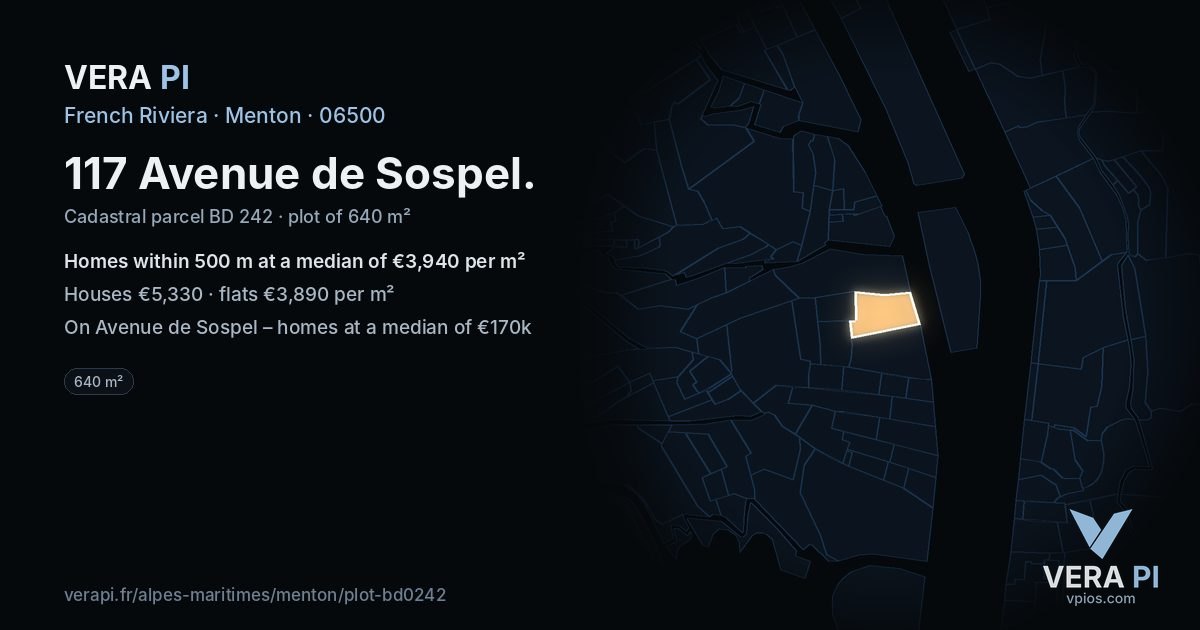 117 Avenue de Sospel, Menton at night – the plot lit, the parcels around coloured by the prices near them