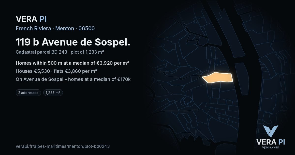 119 b Avenue de Sospel, Menton at night – the plot lit, the parcels around coloured by the prices near them