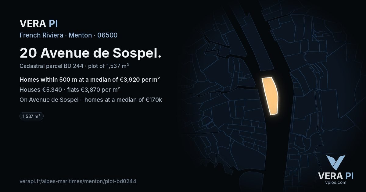 20 Avenue de Sospel, Menton at night – the plot lit, the parcels around coloured by the prices near them