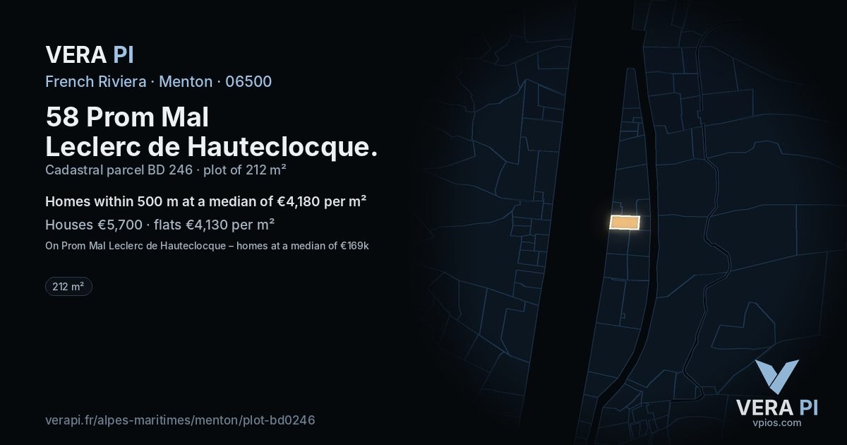 58 Prom Mal Leclerc de Hauteclocque, Menton at night – the plot lit, the parcels around coloured by the prices near them