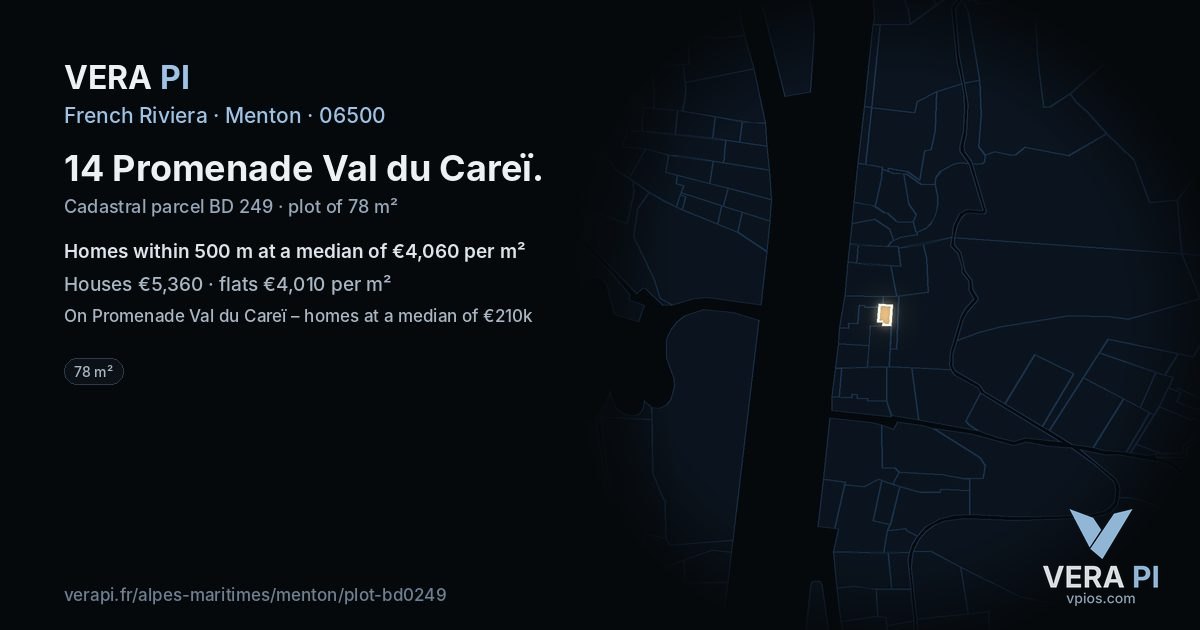 14 Promenade Val du Careï, Menton at night – the plot lit, the parcels around coloured by the prices near them