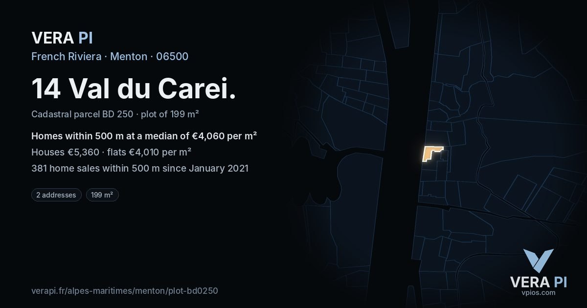 14 Val du Carei, Menton at night – the plot lit, the parcels around coloured by the prices near them