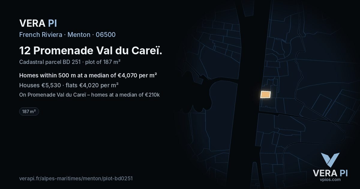 12 Promenade Val du Careï, Menton at night – the plot lit, the parcels around coloured by the prices near them