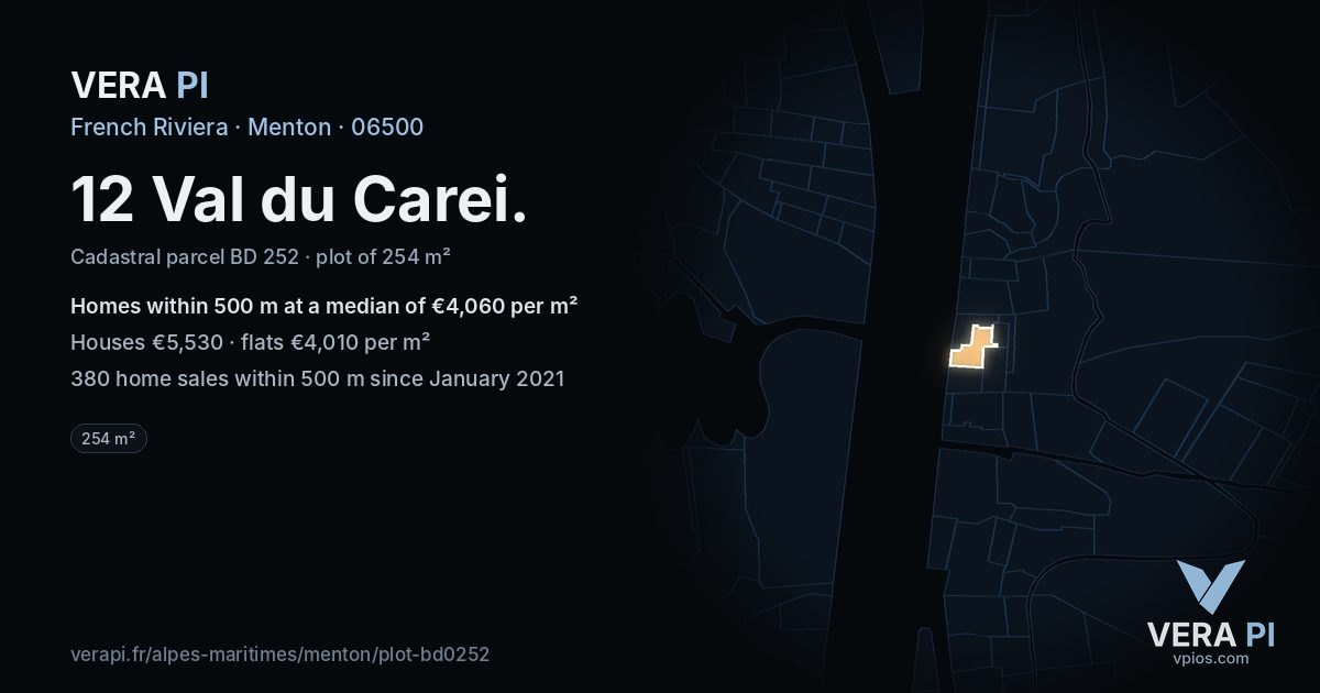 12 Val du Carei, Menton at night – the plot lit, the parcels around coloured by the prices near them
