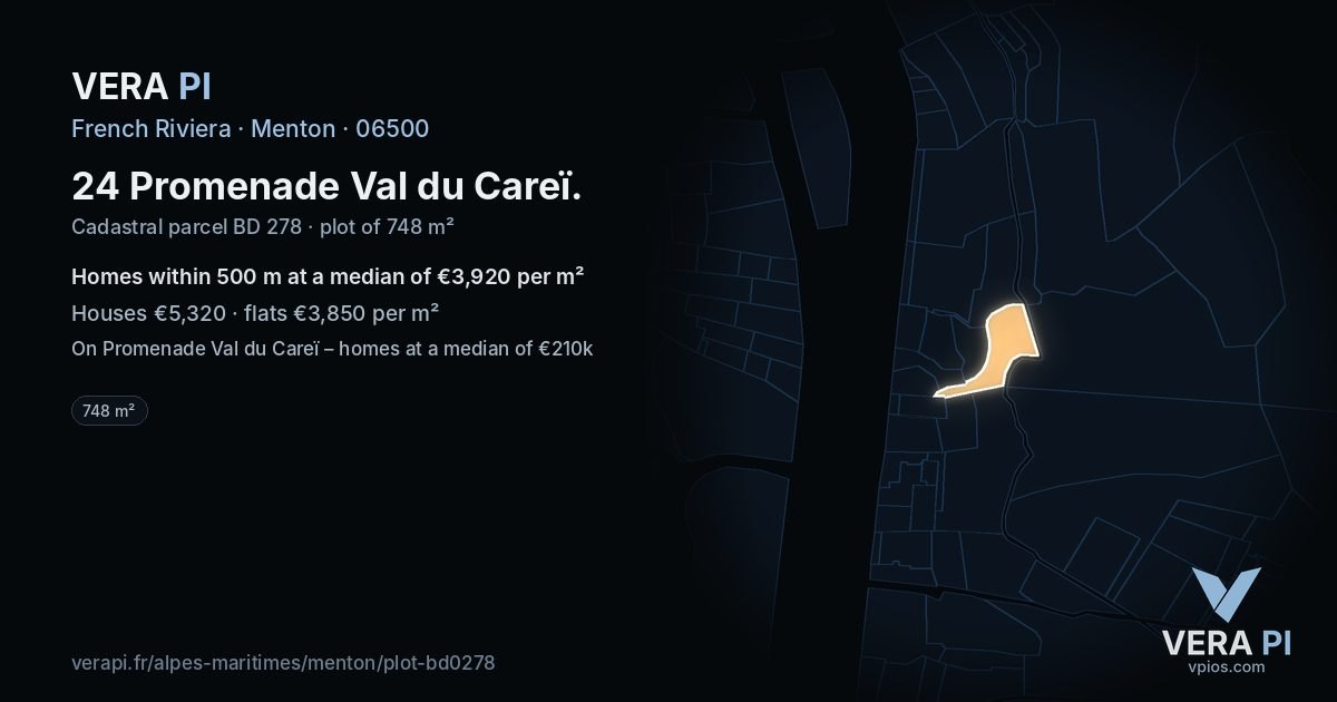 24 Promenade Val du Careï, Menton at night – the plot lit, the parcels around coloured by the prices near them