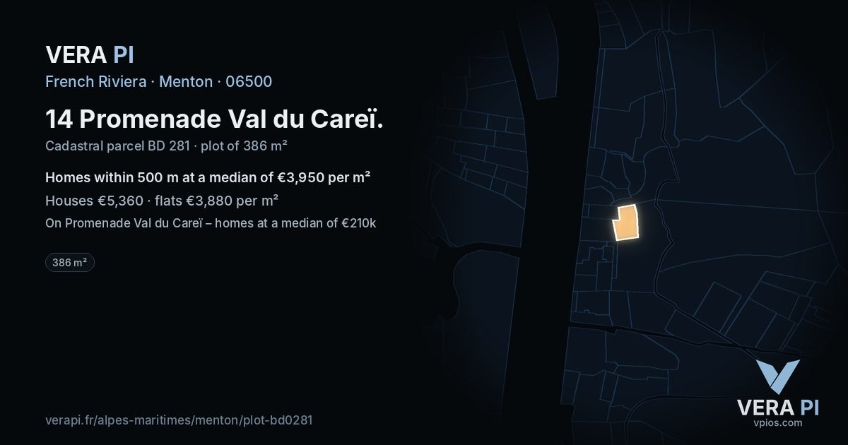 14 Promenade Val du Careï, Menton at night – the plot lit, the parcels around coloured by the prices near them