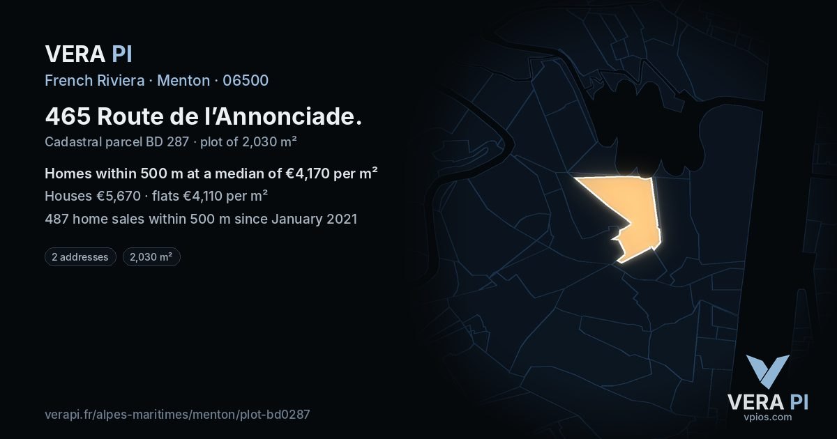 465 Route de l’Annonciade, Menton at night – the plot lit, the parcels around coloured by the prices near them