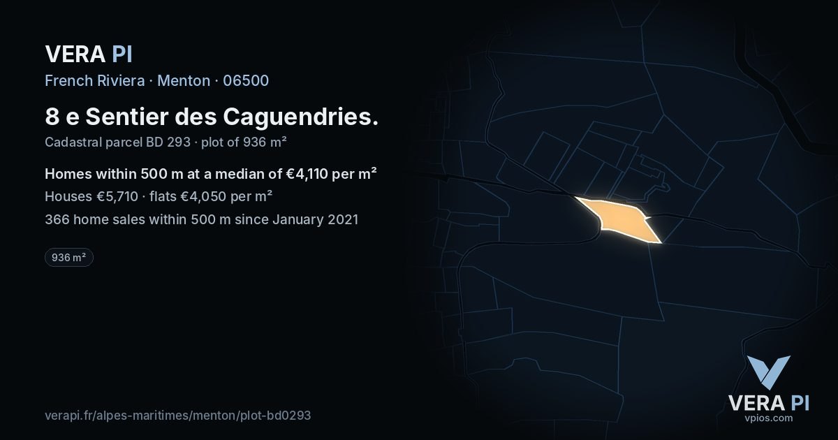 8 e Sentier des Caguendries, Menton at night – the plot lit, the parcels around coloured by the prices near them