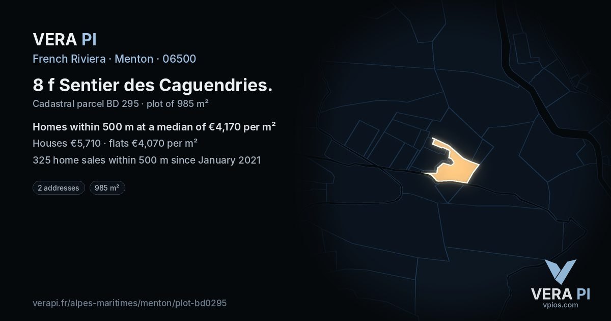 8 f Sentier des Caguendries, Menton at night – the plot lit, the parcels around coloured by the prices near them