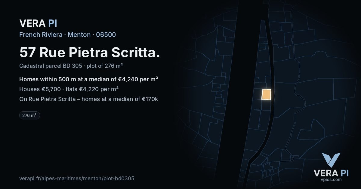 57 Rue Pietra Scritta, Menton at night – the plot lit, the parcels around coloured by the prices near them