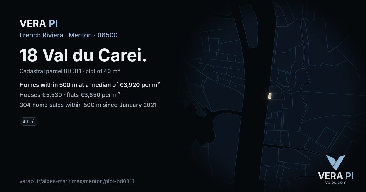 18 Val du Carei, Menton at night – the plot lit, the parcels around coloured by the prices near them