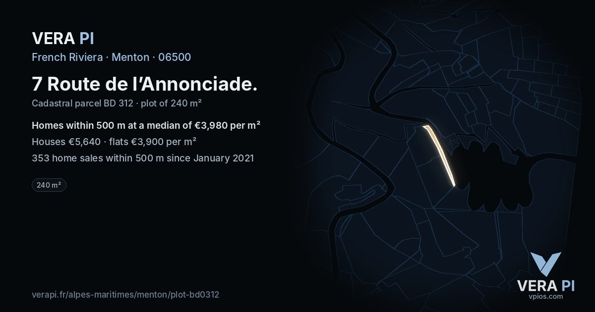 7 Route de l’Annonciade, Menton at night – the plot lit, the parcels around coloured by the prices near them