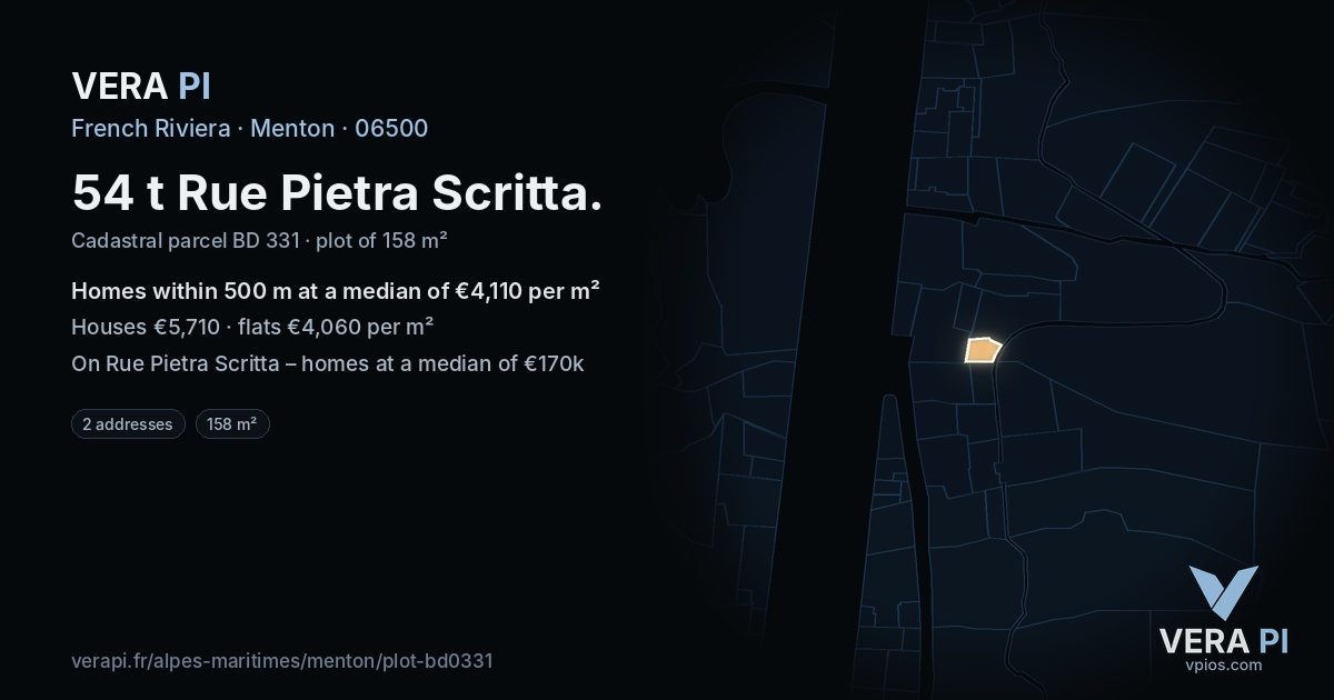 54 t Rue Pietra Scritta, Menton at night – the plot lit, the parcels around coloured by the prices near them