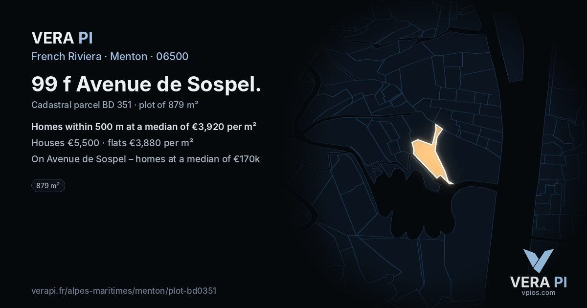 99 f Avenue de Sospel, Menton at night – the plot lit, the parcels around coloured by the prices near them