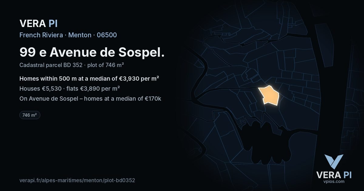 99 e Avenue de Sospel, Menton at night – the plot lit, the parcels around coloured by the prices near them