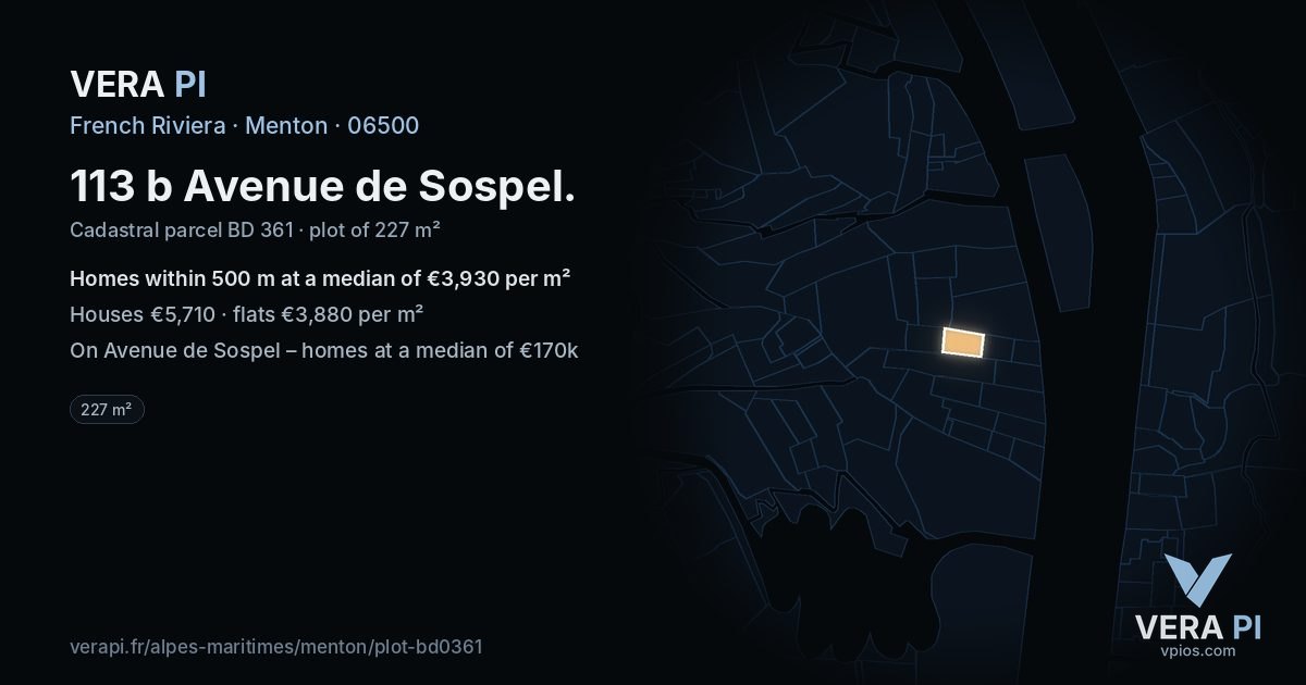 113 b Avenue de Sospel, Menton at night – the plot lit, the parcels around coloured by the prices near them