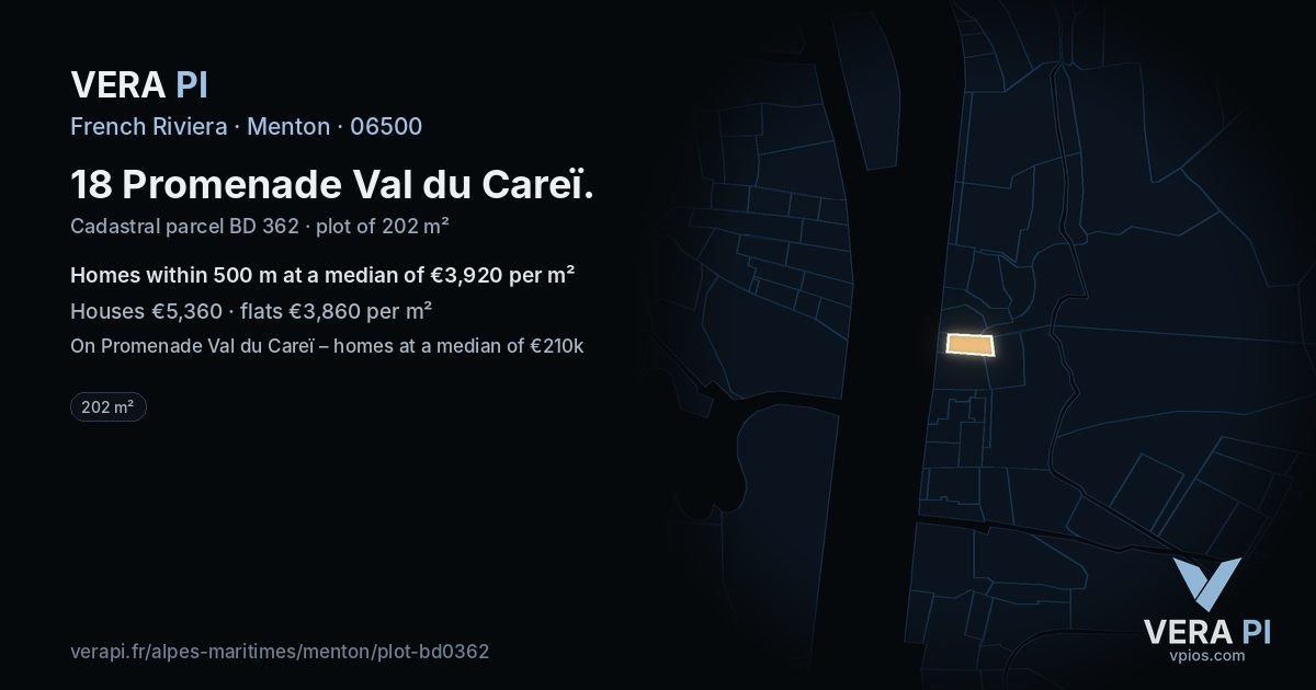 18 Promenade Val du Careï, Menton at night – the plot lit, the parcels around coloured by the prices near them