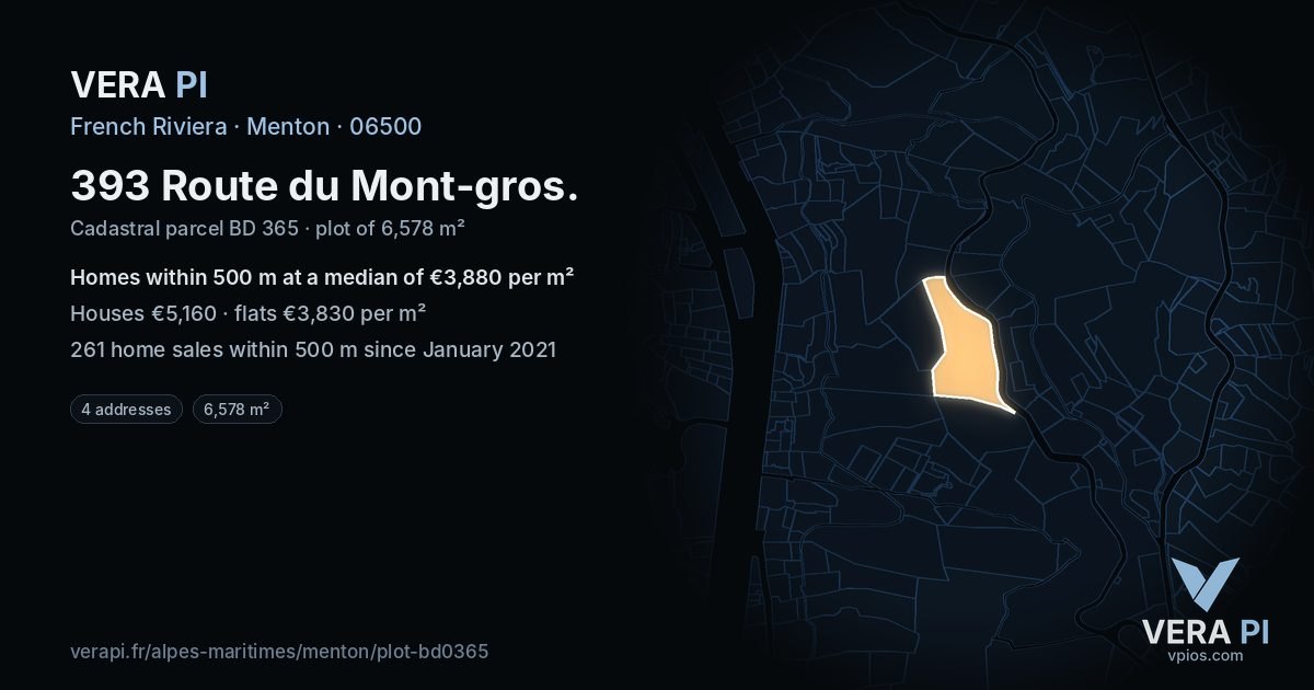 393 Route du Mont-gros, Menton at night – the plot lit, the parcels around coloured by the prices near them