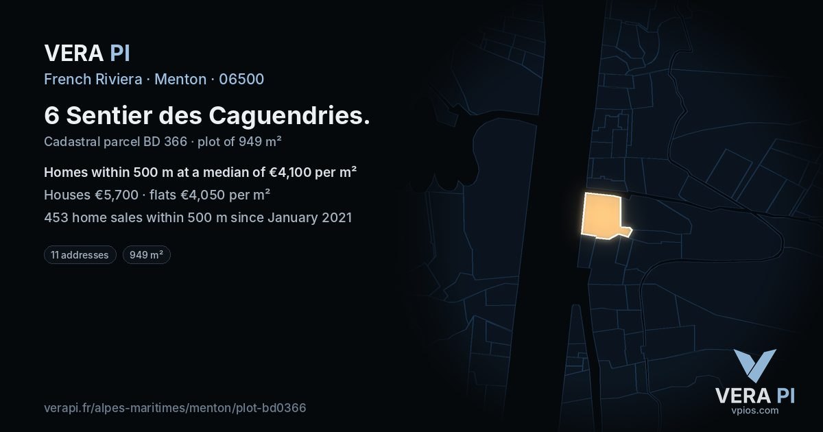 6 Sentier des Caguendries, Menton at night – the plot lit, the parcels around coloured by the prices near them