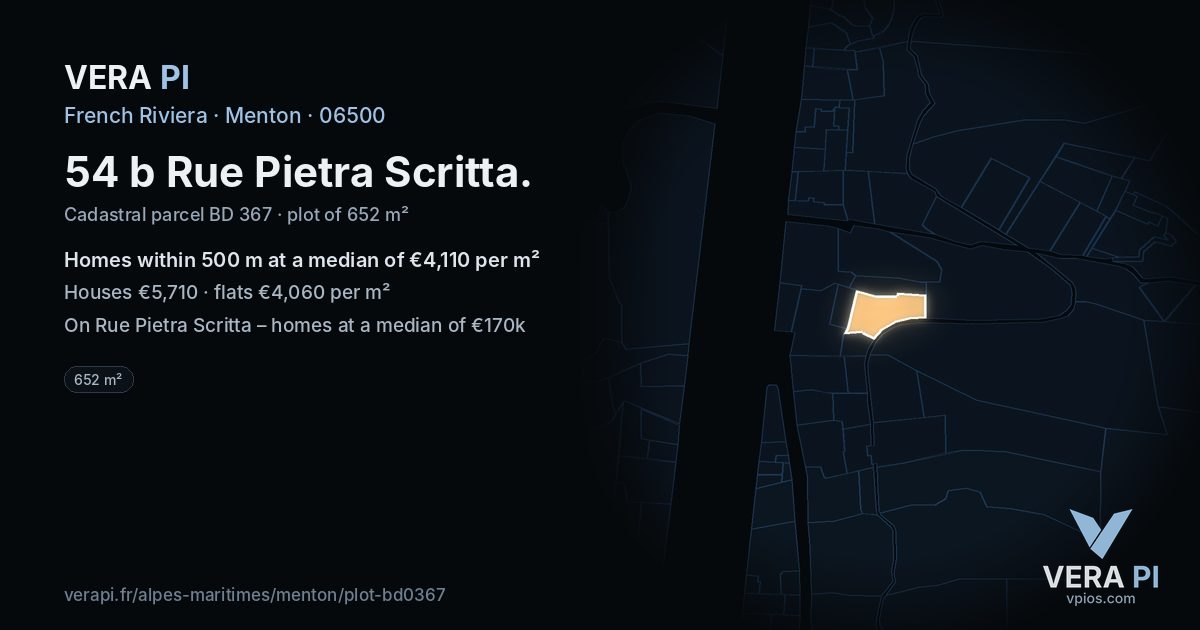 54 b Rue Pietra Scritta, Menton at night – the plot lit, the parcels around coloured by the prices near them