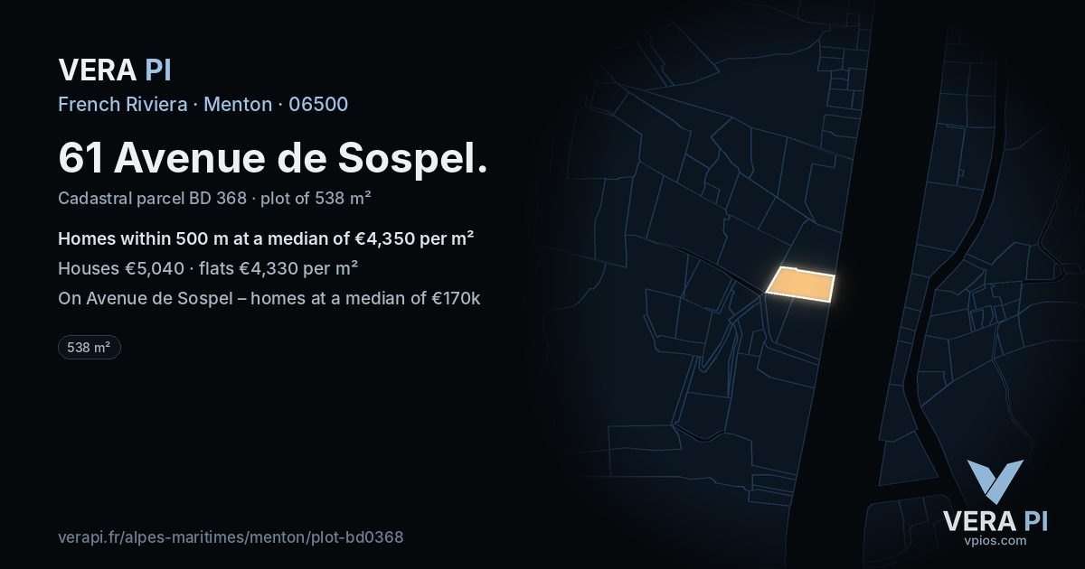 61 Avenue de Sospel, Menton at night – the plot lit, the parcels around coloured by the prices near them