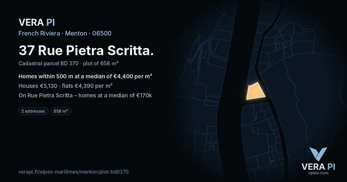37 Rue Pietra Scritta, Menton at night – the plot lit, the parcels around coloured by the prices near them