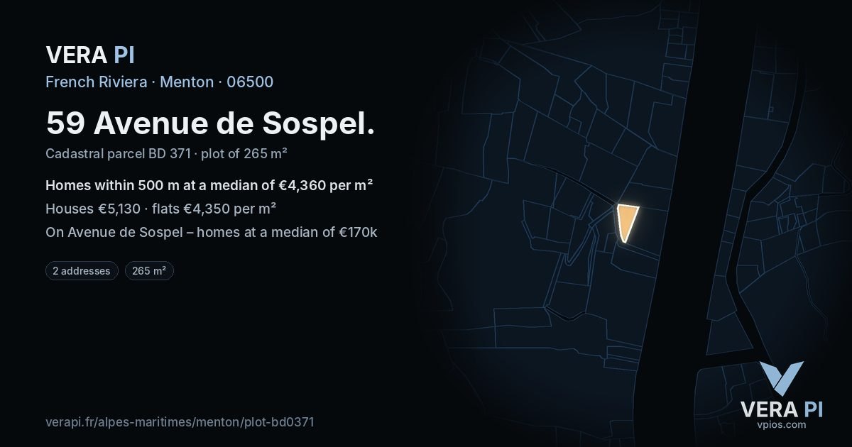 59 Avenue de Sospel, Menton at night – the plot lit, the parcels around coloured by the prices near them