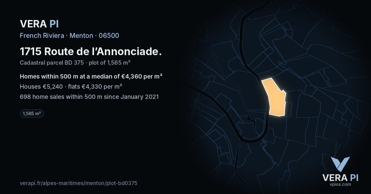 1715 Route de l’Annonciade, Menton at night – the plot lit, the parcels around coloured by the prices near them