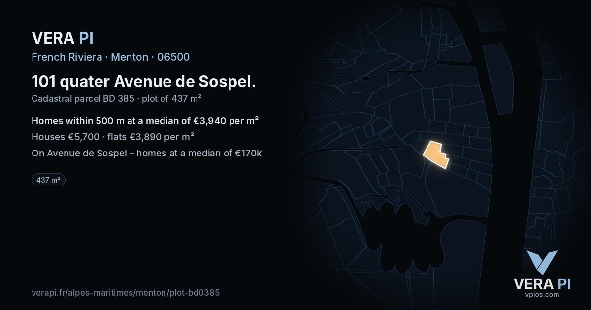 101 quater Avenue de Sospel, Menton at night – the plot lit, the parcels around coloured by the prices near them