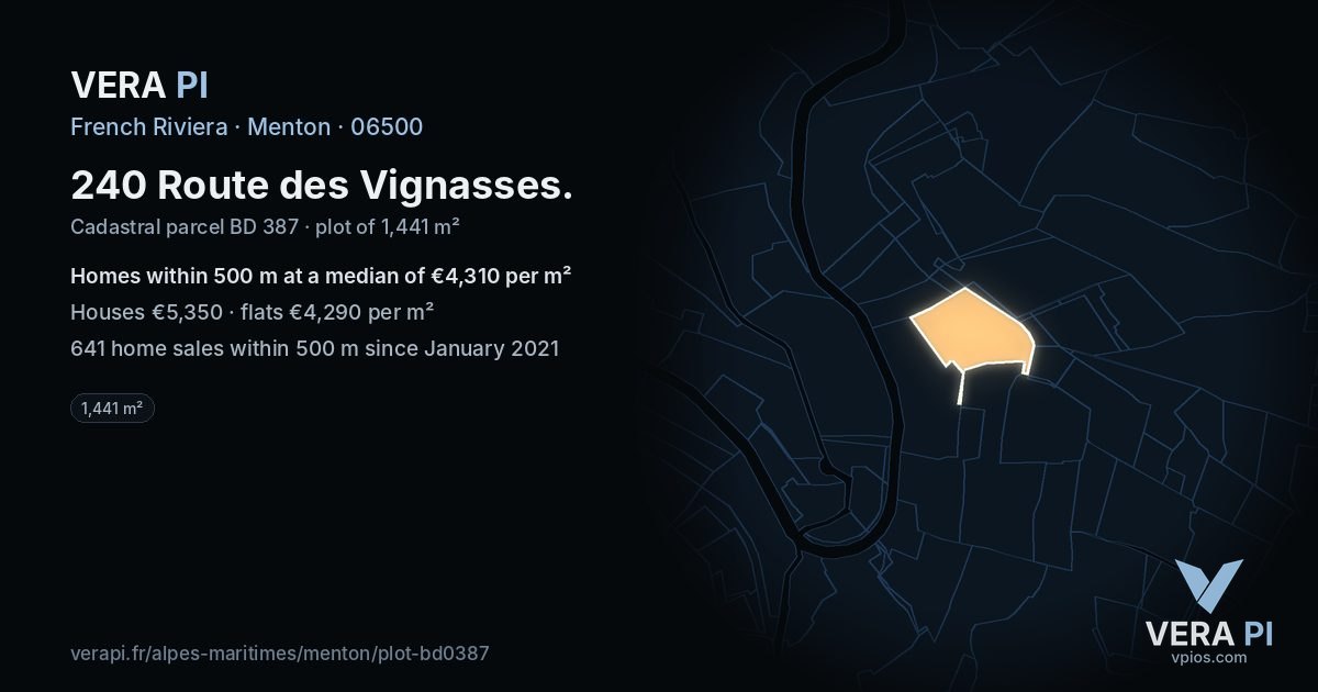 240 Route des Vignasses, Menton at night – the plot lit, the parcels around coloured by the prices near them
