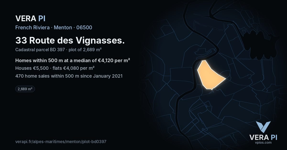33 Route des Vignasses, Menton at night – the plot lit, the parcels around coloured by the prices near them