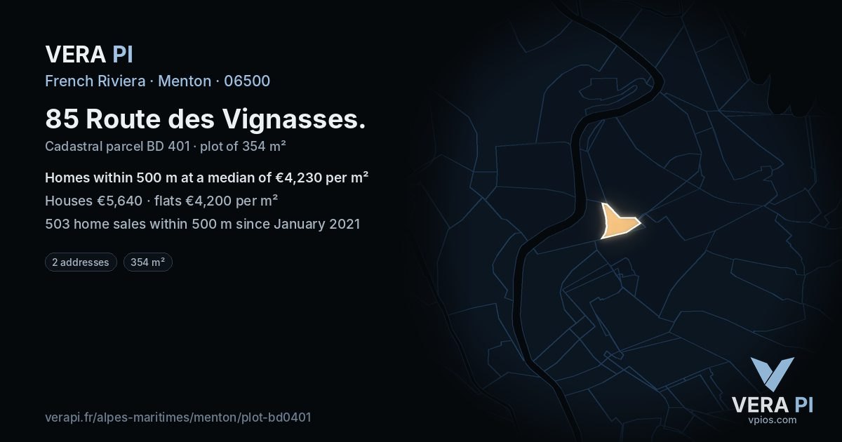 85 Route des Vignasses, Menton at night – the plot lit, the parcels around coloured by the prices near them