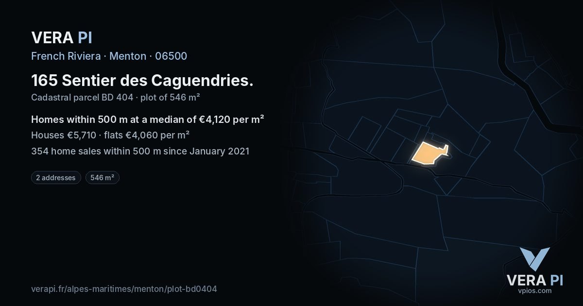165 Sentier des Caguendries, Menton at night – the plot lit, the parcels around coloured by the prices near them