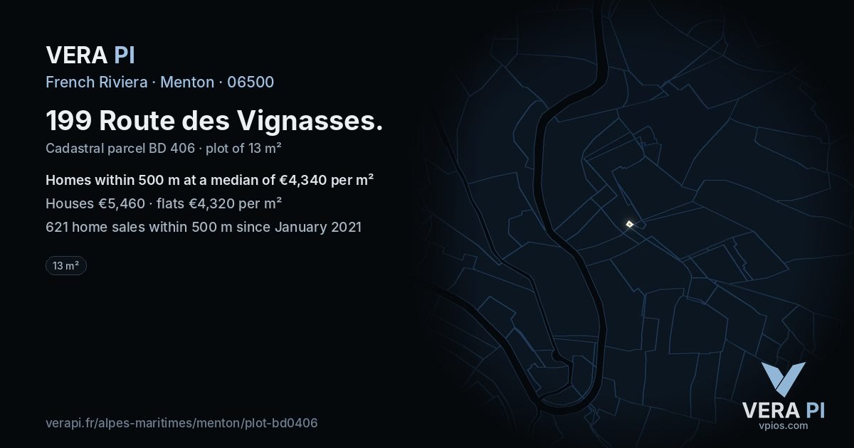 199 Route des Vignasses, Menton at night – the plot lit, the parcels around coloured by the prices near them