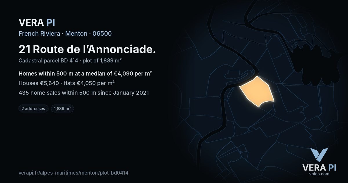 21 Route de l’Annonciade, Menton at night – the plot lit, the parcels around coloured by the prices near them