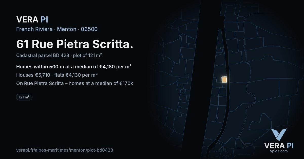61 Rue Pietra Scritta, Menton at night – the plot lit, the parcels around coloured by the prices near them