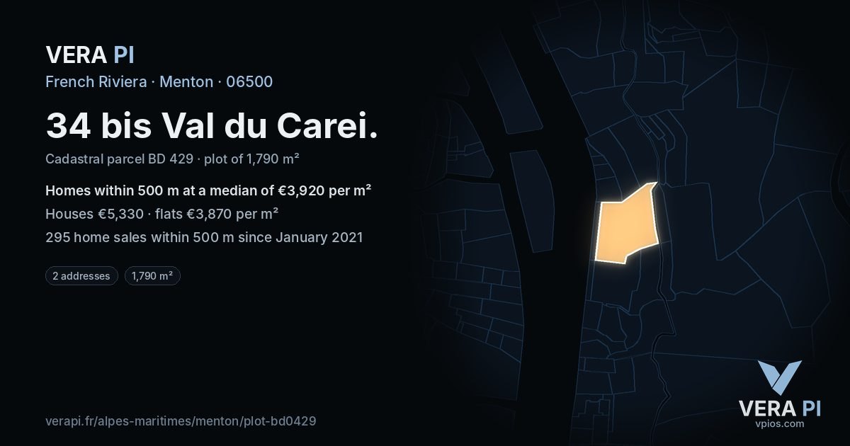 34 bis Val du Carei, Menton at night – the plot lit, the parcels around coloured by the prices near them