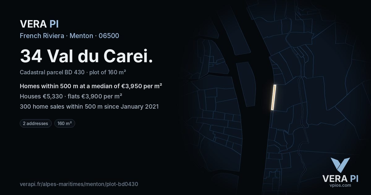 34 Val du Carei, Menton at night – the plot lit, the parcels around coloured by the prices near them